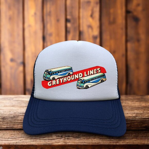 Greyhound Lines Mens Trucker Hat Navy Snapback 914 Vintage Logo Baseball Cap - Picture 1 of 4